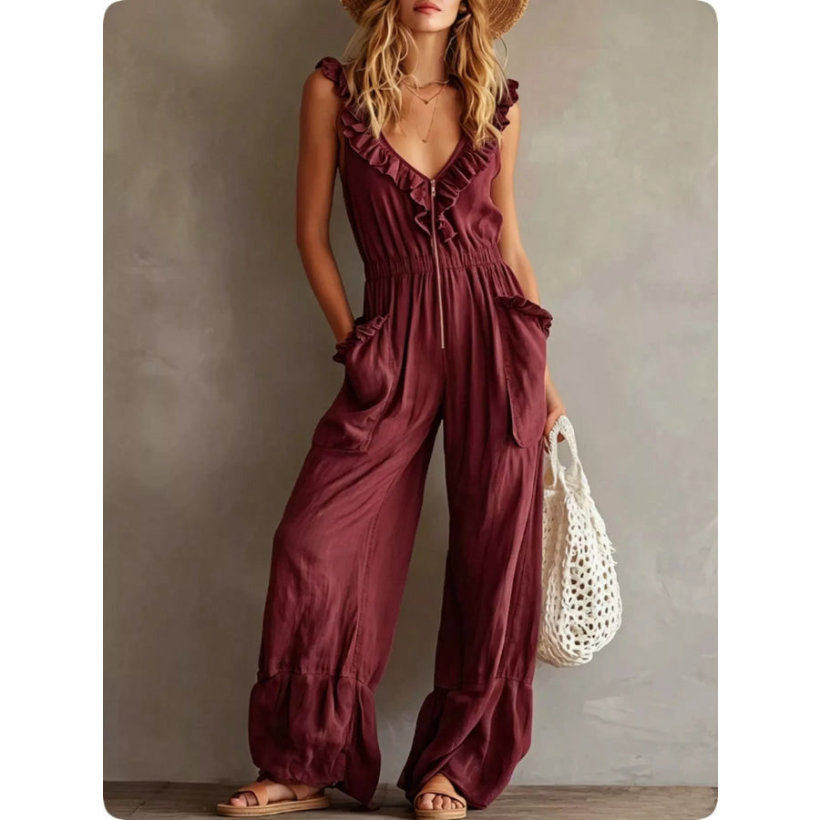 Ruffled V-Neck Wide Leg Jumpsuit Burgundy / S Apparel and Accessories