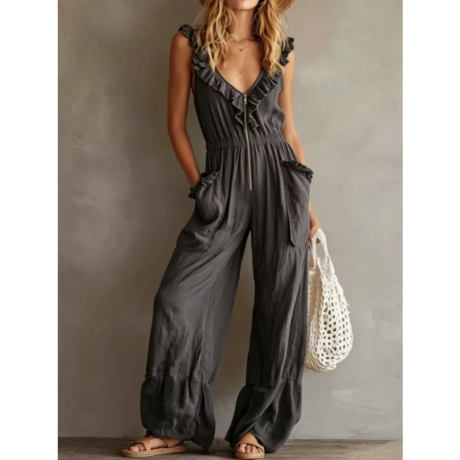 Ruffled V-Neck Wide Leg Jumpsuit Dark Gray / S Apparel and Accessories