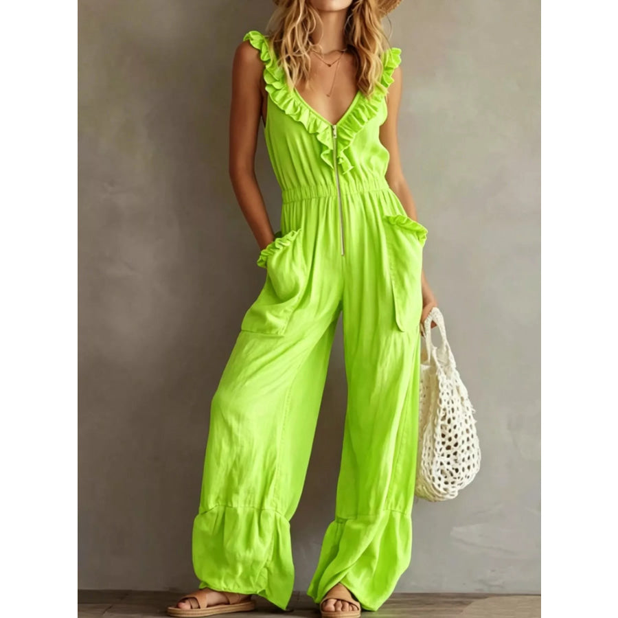 Ruffled V-Neck Wide Leg Jumpsuit Fluorescent Green / S Apparel and Accessories