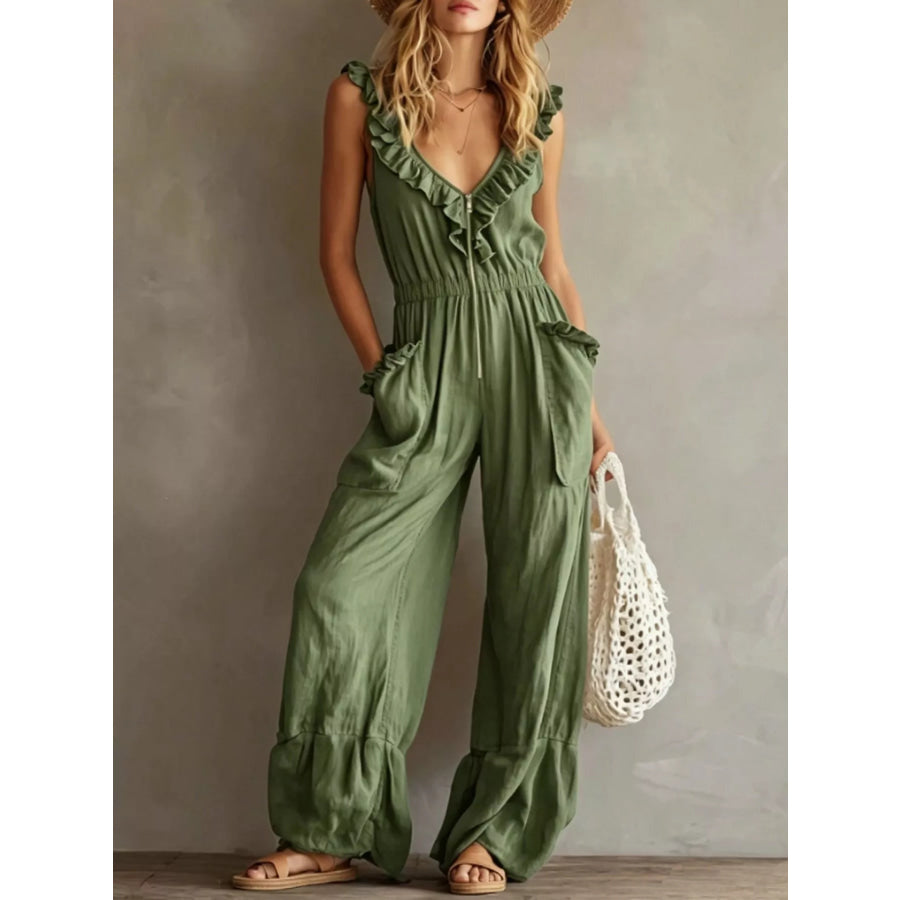 Ruffled V-Neck Wide Leg Jumpsuit Green / S Apparel and Accessories