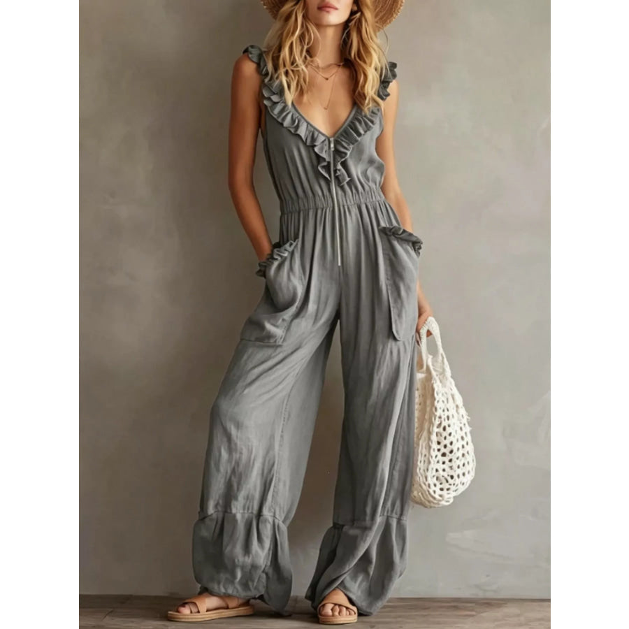 Ruffled V-Neck Wide Leg Jumpsuit Light Gray / S Apparel and Accessories