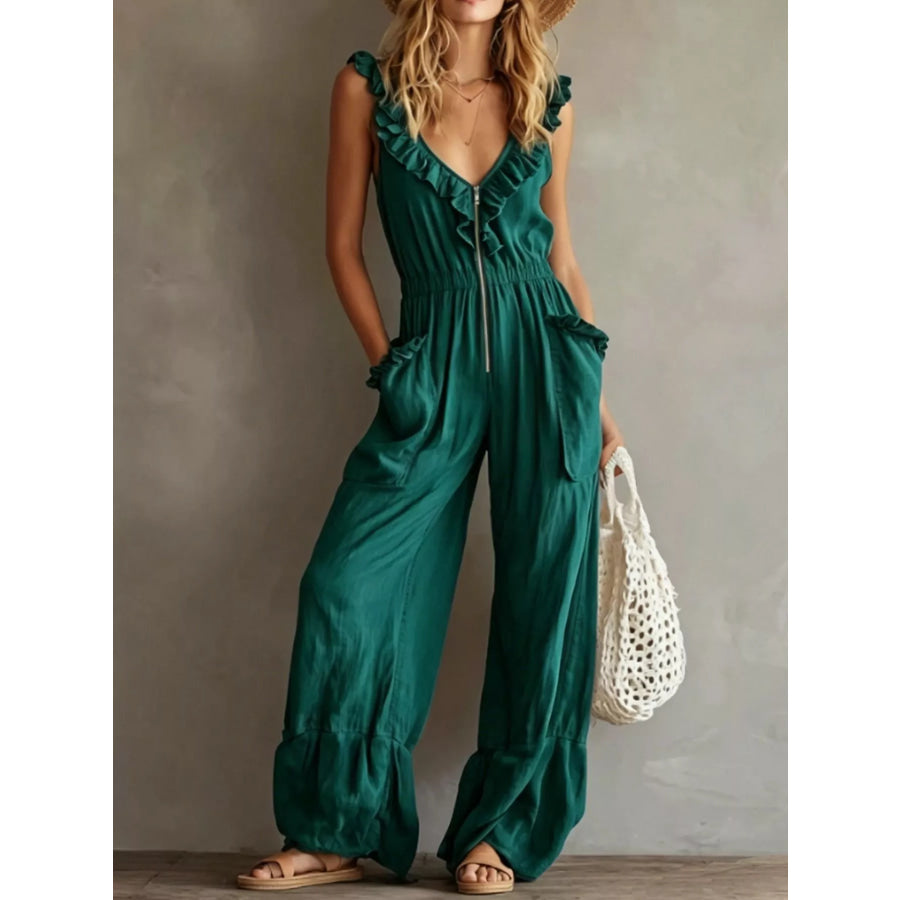 Ruffled V-Neck Wide Leg Jumpsuit Malachite Green / S Apparel and Accessories