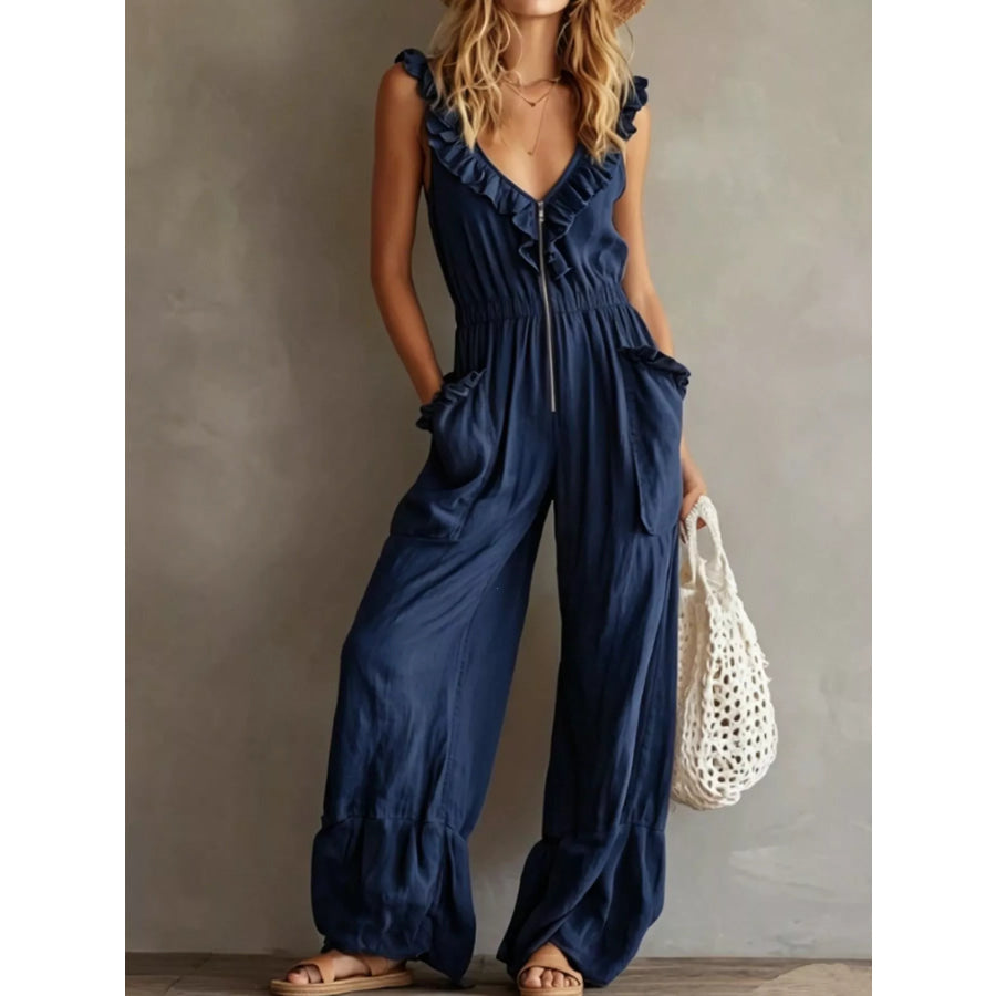 Ruffled V-Neck Wide Leg Jumpsuit Navy Blue / S Apparel and Accessories