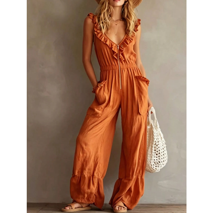 Ruffled V-Neck Wide Leg Jumpsuit Orange / S Apparel and Accessories