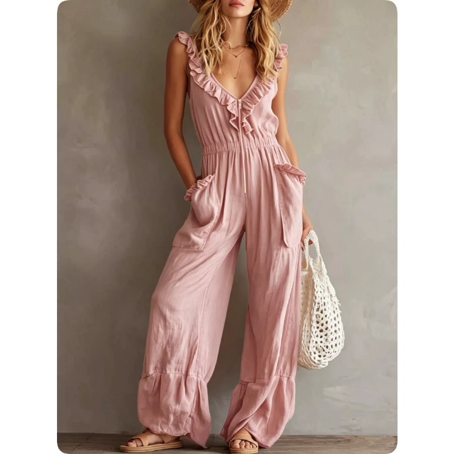 Ruffled V-Neck Wide Leg Jumpsuit Pink / S Apparel and Accessories