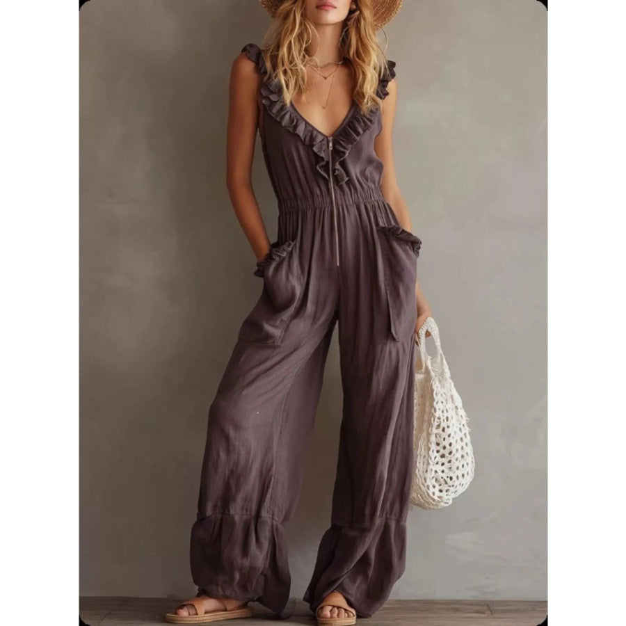 Ruffled V-Neck Wide Leg Jumpsuit Purple / S Apparel and Accessories