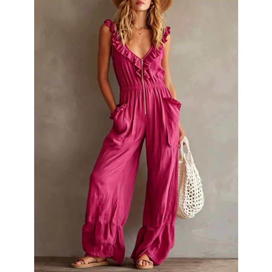 Ruffled V-Neck Wide Leg Jumpsuit Rose Red / S Apparel and Accessories