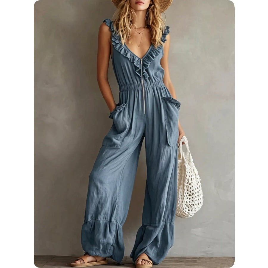 Ruffled V-Neck Wide Leg Jumpsuit Sea blue / S Apparel and Accessories