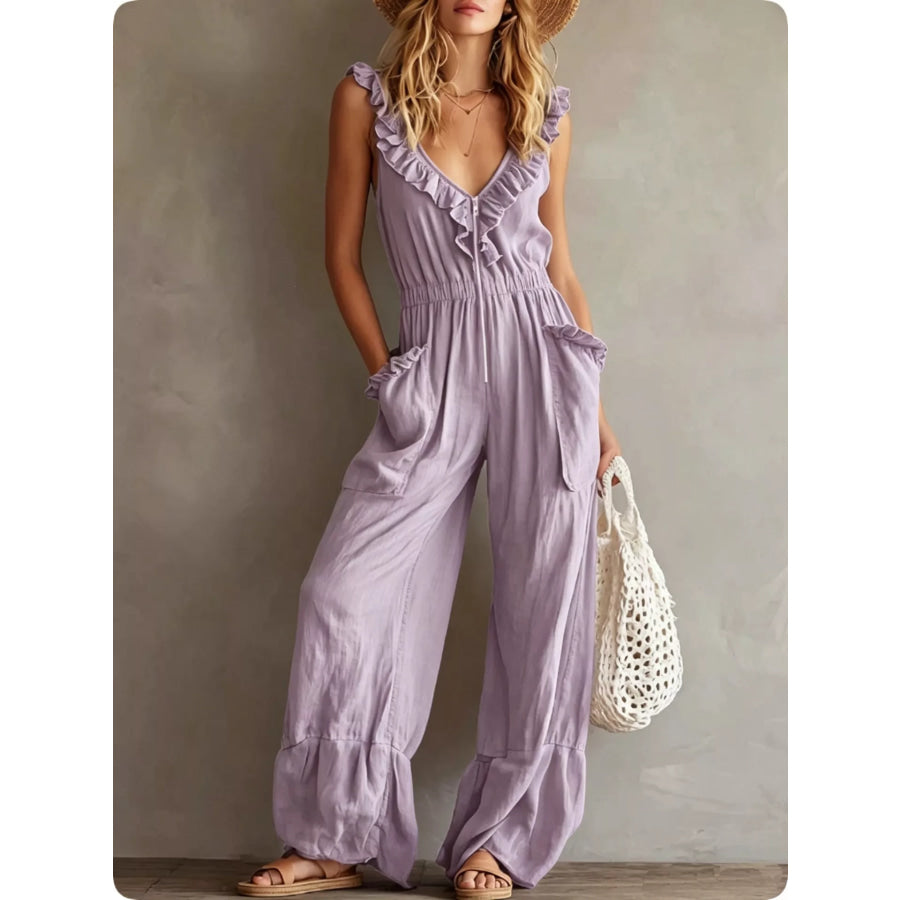 Ruffled V-Neck Wide Leg Jumpsuit Violet / S Apparel and Accessories