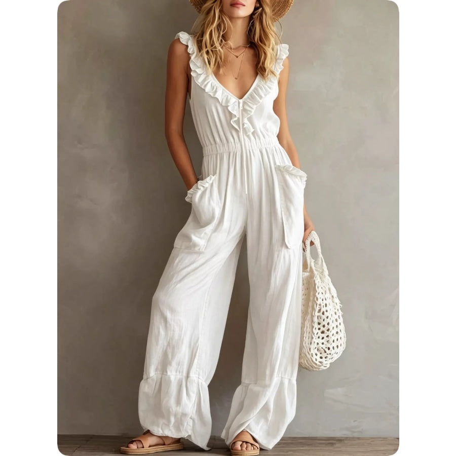 Ruffled V-Neck Wide Leg Jumpsuit White / S Apparel and Accessories