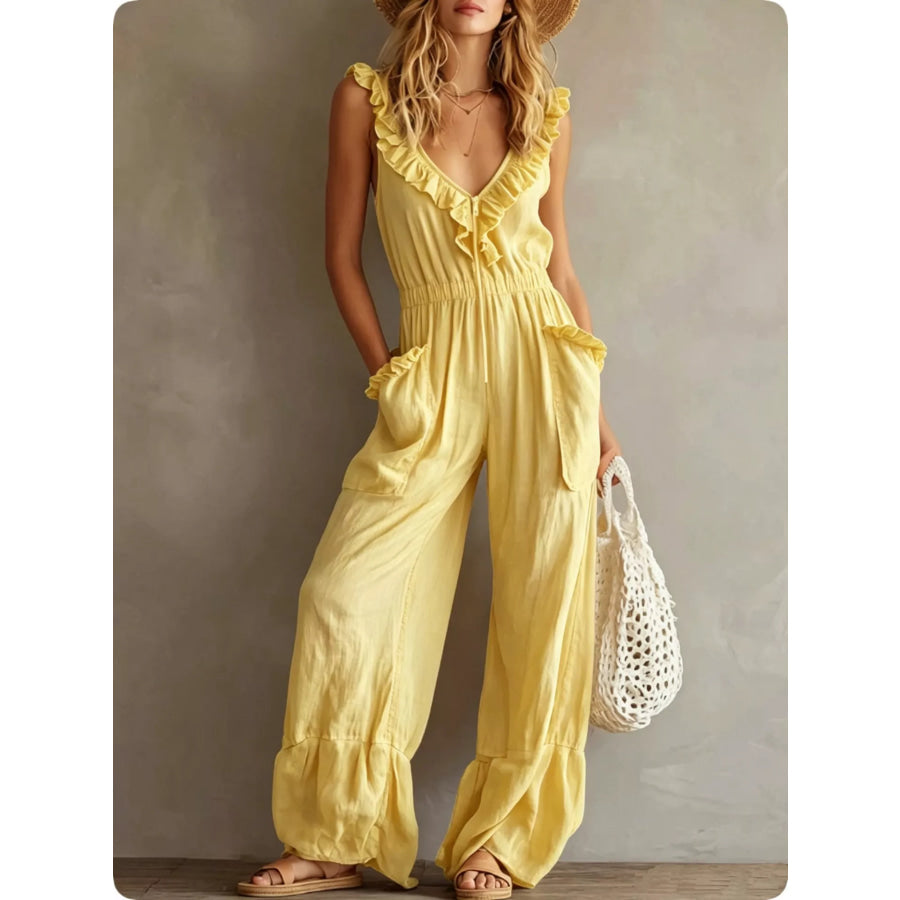 Ruffled V-Neck Wide Leg Jumpsuit Yellow / S Apparel and Accessories