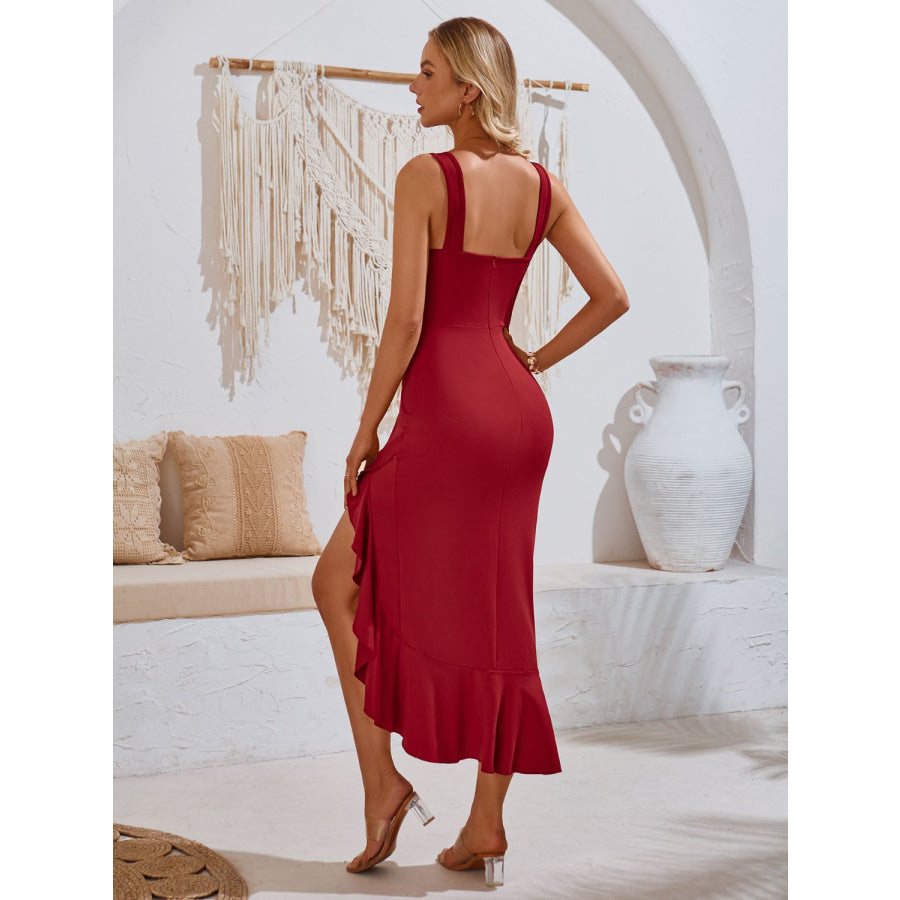 Ruffled V-Neck Wide Strap Midi Dress Deep Red / S Apparel and Accessories