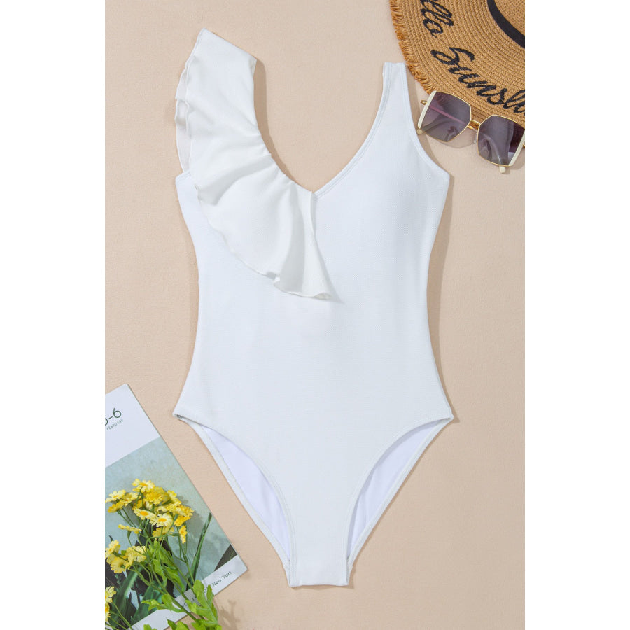 Ruffled V-Neck Wide Strap One-Piece Swimwear Apparel and Accessories