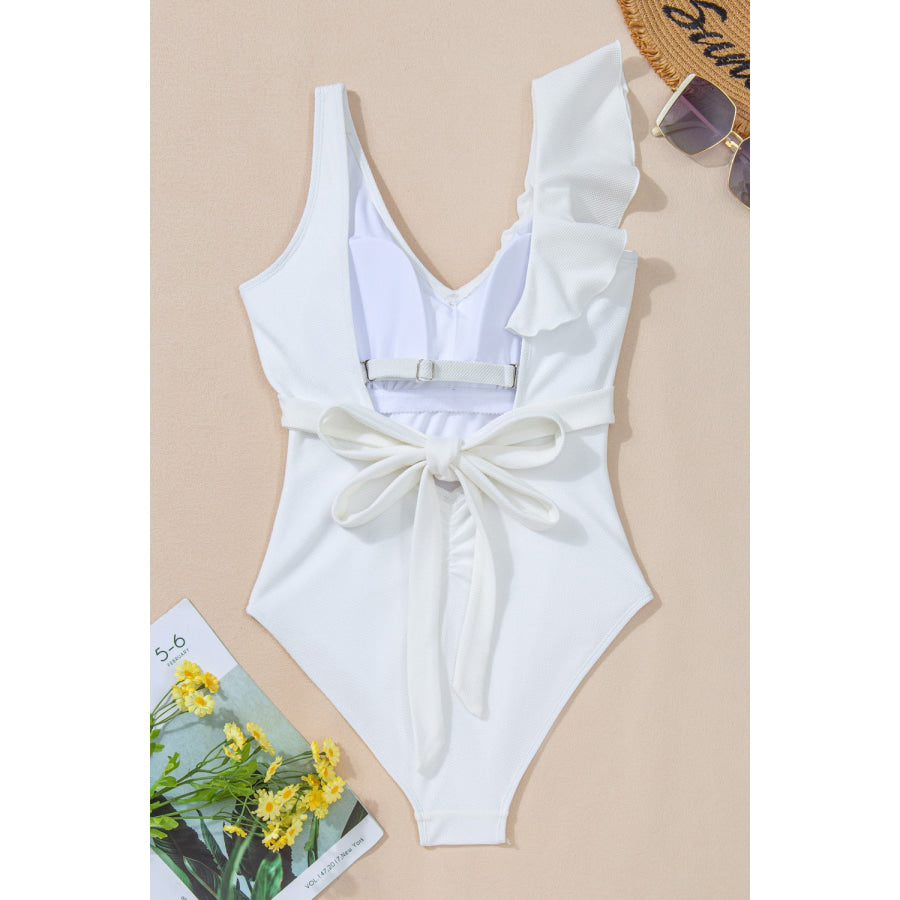 Ruffled V-Neck Wide Strap One-Piece Swimwear Apparel and Accessories