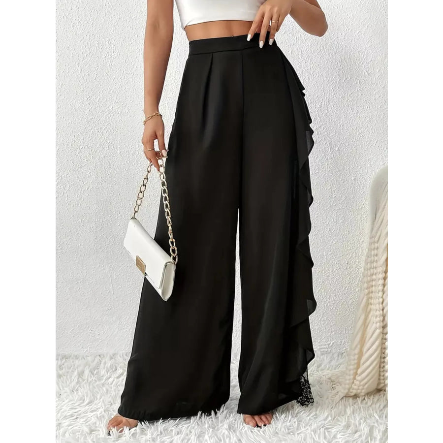 Ruffled Wide Leg Pants Black / S Apparel and Accessories