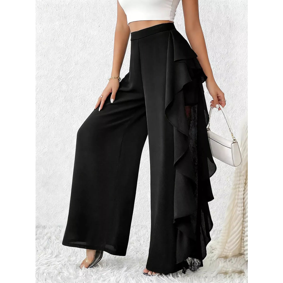 Ruffled Wide Leg Pants Black / S Apparel and Accessories