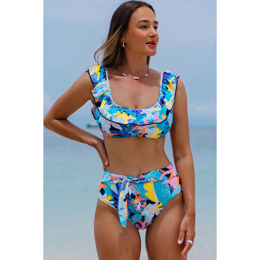 Ruffled Wide Strap Swim Top and Bottom Set Apparel Accessories
