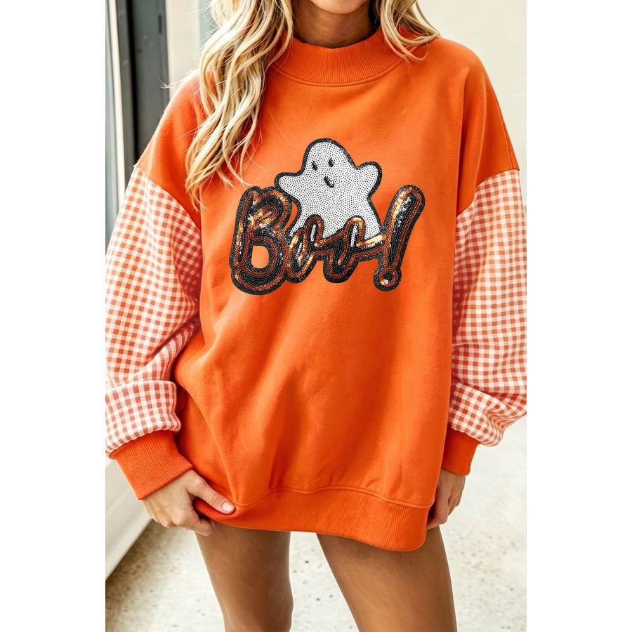 Russet Orange Boo Sequin Ghost Plaid Patchwork Sleeve Halloween Pullover Sweatshirt / S / 50% Polyester + 50% Cotton Graphic/Graphic