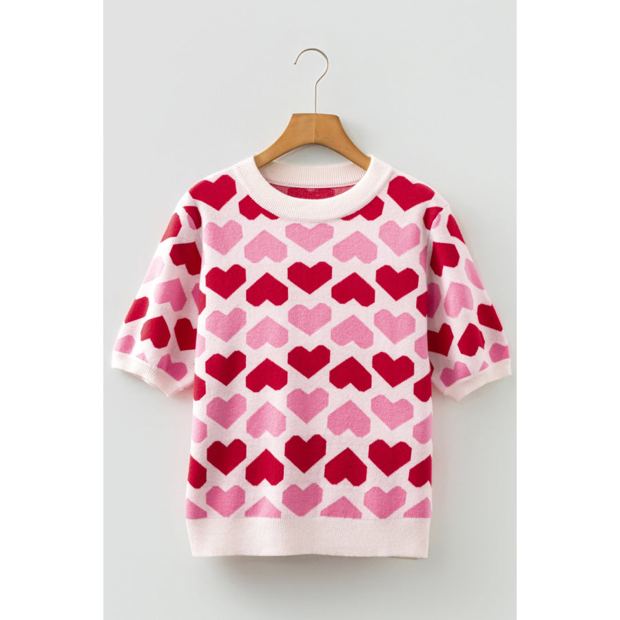 Sachet Pink 2-tone Heart Print Valentine Crew Neck Short Sleeve Sweater Sweaters & Cardigans/Short Sleeve Sweaters