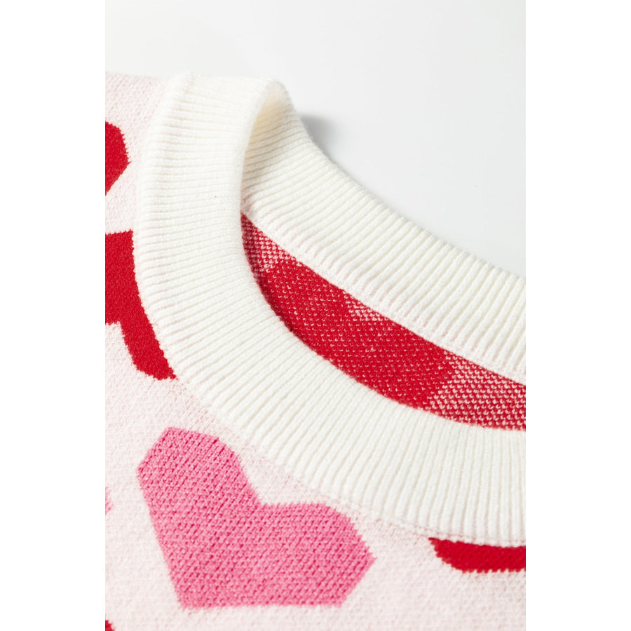 Sachet Pink 2-tone Heart Print Valentine Crew Neck Short Sleeve Sweater Sweaters & Cardigans/Short Sleeve Sweaters