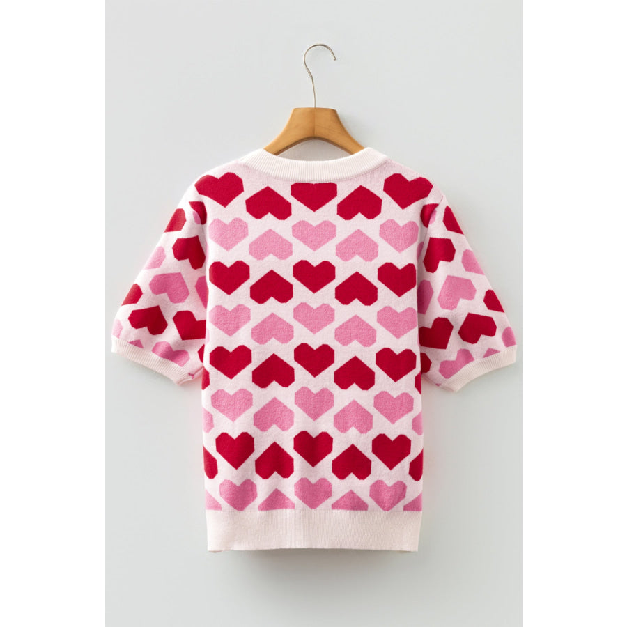 Sachet Pink 2-tone Heart Print Valentine Crew Neck Short Sleeve Sweater Sweaters & Cardigans/Short Sleeve Sweaters