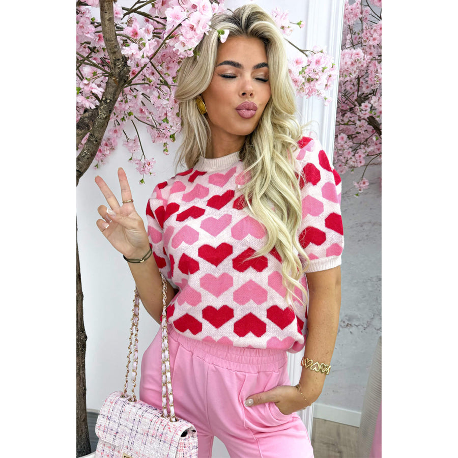 Sachet Pink 2-tone Heart Print Valentine Crew Neck Short Sleeve Sweater Sweaters & Cardigans/Short Sleeve Sweaters