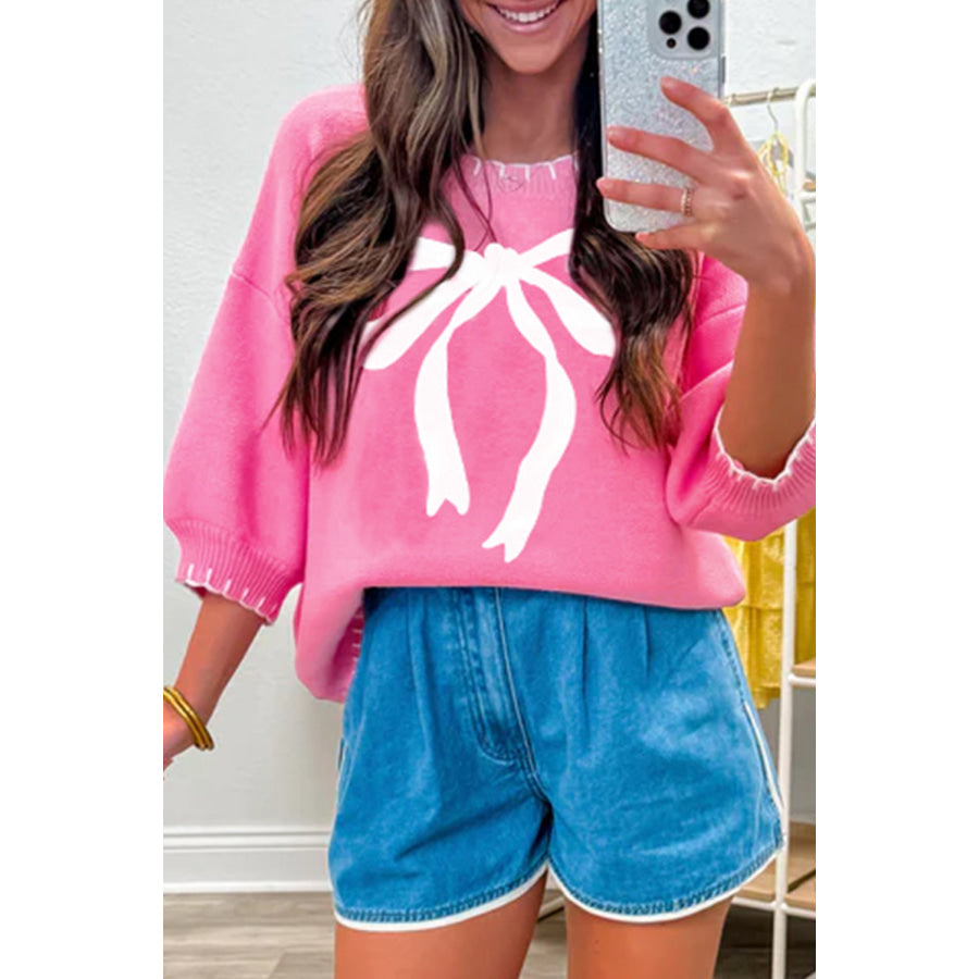 Sachet Pink Big Ribbon Bow Print Contrast Stitch Trim Drop Shoulder Sweater Sachet Pink / S / 100% Cotton Sweaters & Cardigans/Short Sleeve