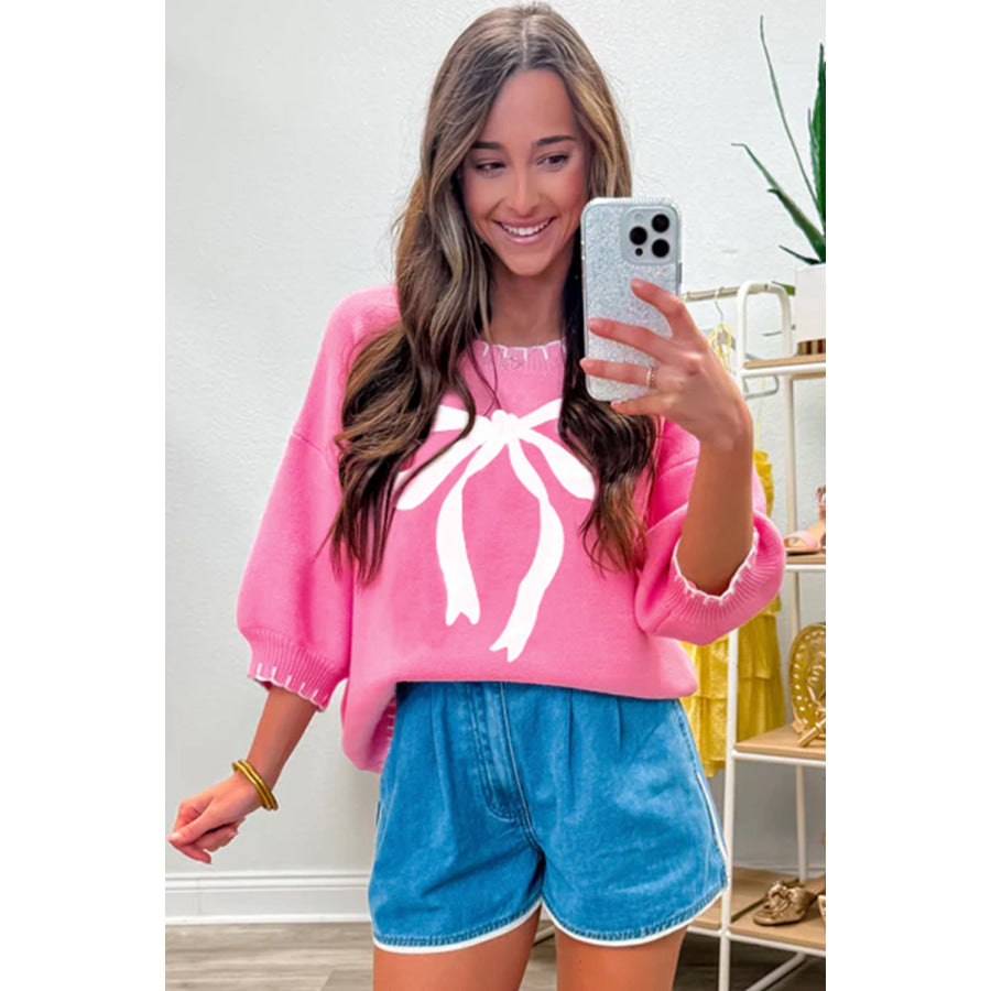 Sachet Pink Big Ribbon Bow Print Contrast Stitch Trim Drop Shoulder Sweater Sweaters & Cardigans/Short Sleeve Sweaters