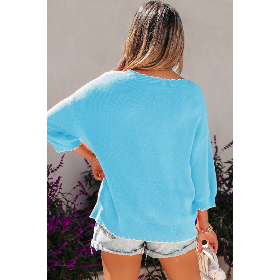 Sachet Pink Big Ribbon Bow Print Contrast Stitch Trim Drop Shoulder Sweater Sweaters & Cardigans/Short Sleeve Sweaters