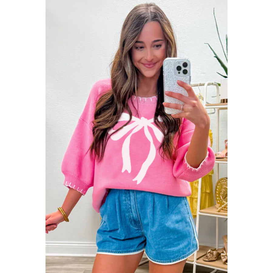 Sachet Pink Big Ribbon Bow Print Contrast Stitch Trim Drop Shoulder Sweater Sweaters & Cardigans/Short Sleeve Sweaters
