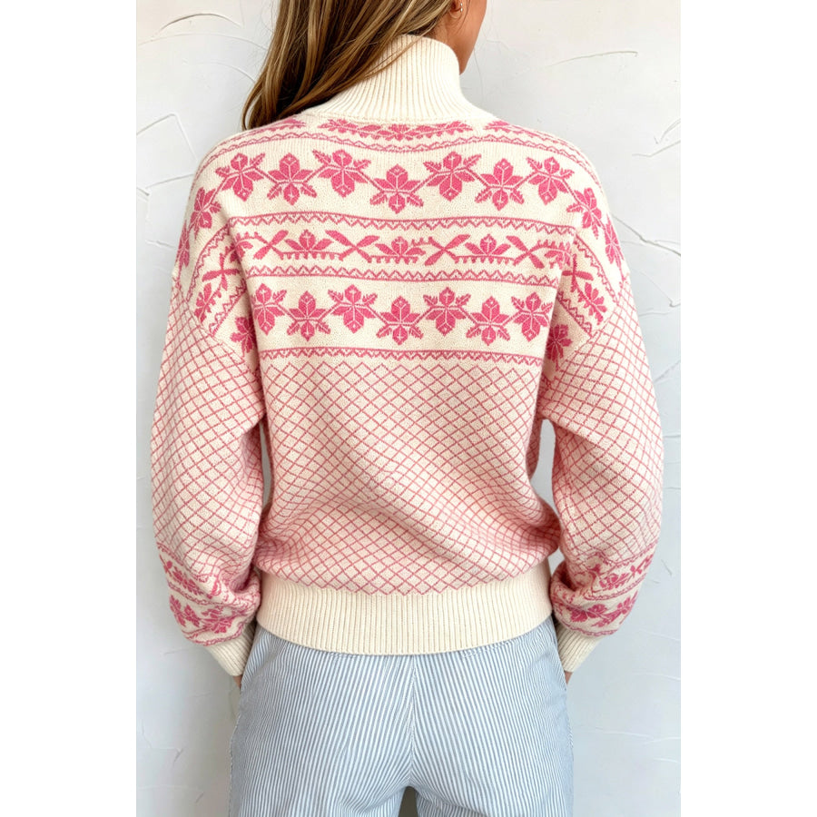 Sachet Pink Cozy Abstract Print Button Stand Neck Casual Sweater Sweaters & Cardigans/Sweaters