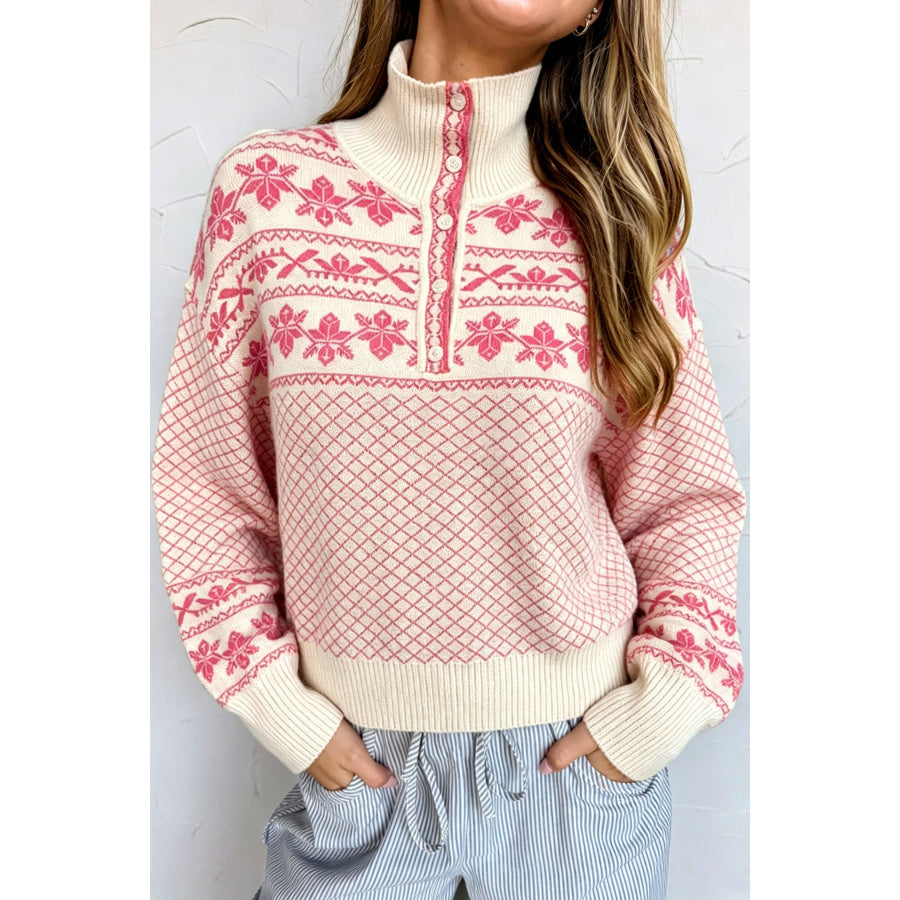Sachet Pink Cozy Abstract Print Button Stand Neck Casual Sweater Sweaters & Cardigans/Sweaters