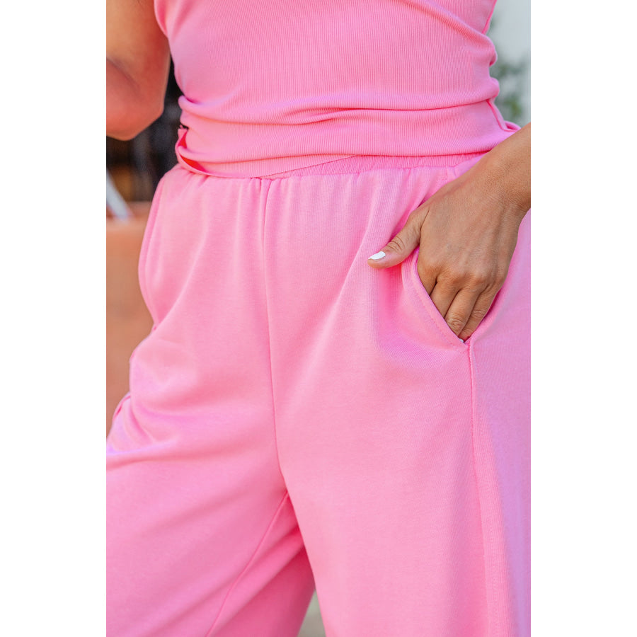 Sachet Pink Slim Ribbed Tank Top and Sweatpants Set Two Piece Sets/Pant Sets