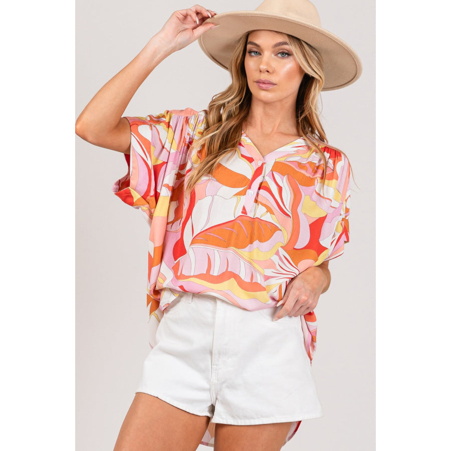 SAGE + FIG Abstract Print Half Button Blouse CORAL / S Apparel and Accessories