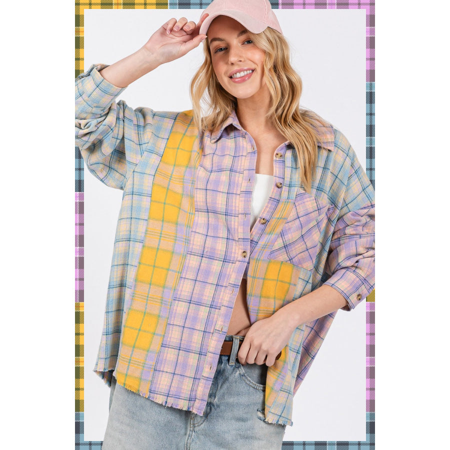 SAGE + FIG Button Up Raw Hem Plaid Flannel Shirt Apparel and Accessories