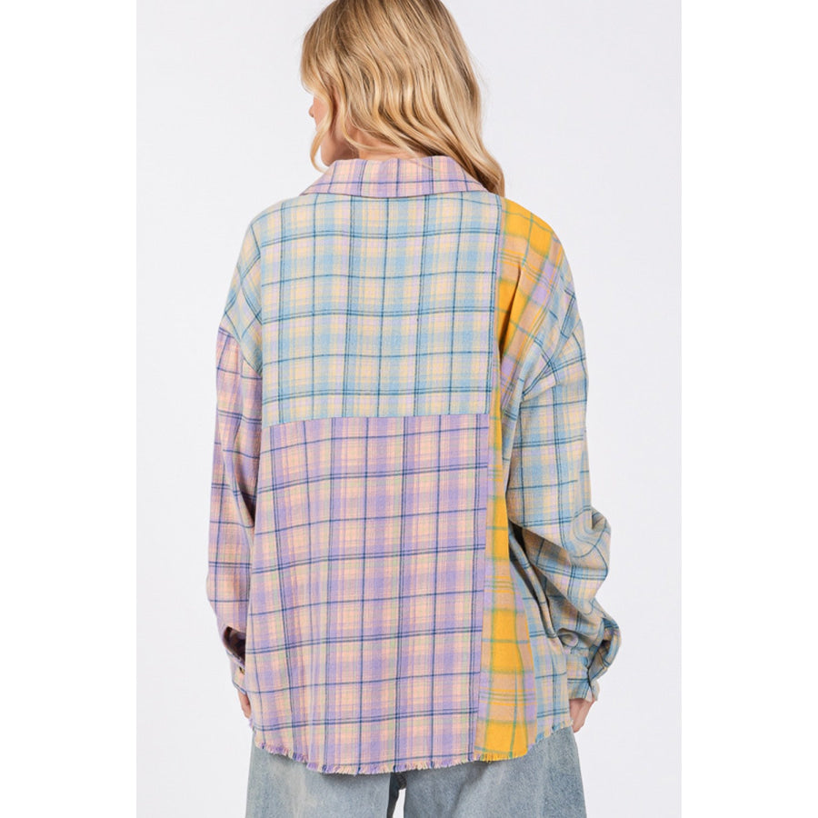 SAGE + FIG Button Up Raw Hem Plaid Flannel Shirt Apparel and Accessories