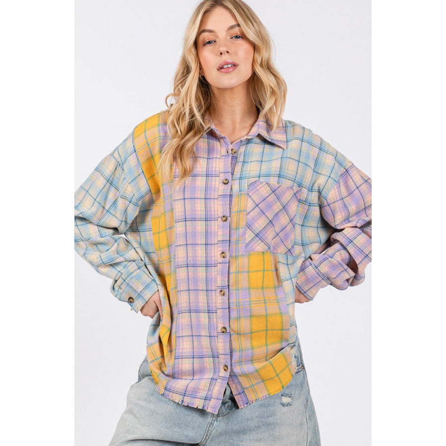 SAGE + FIG Button Up Raw Hem Plaid Flannel Shirt Apparel and Accessories