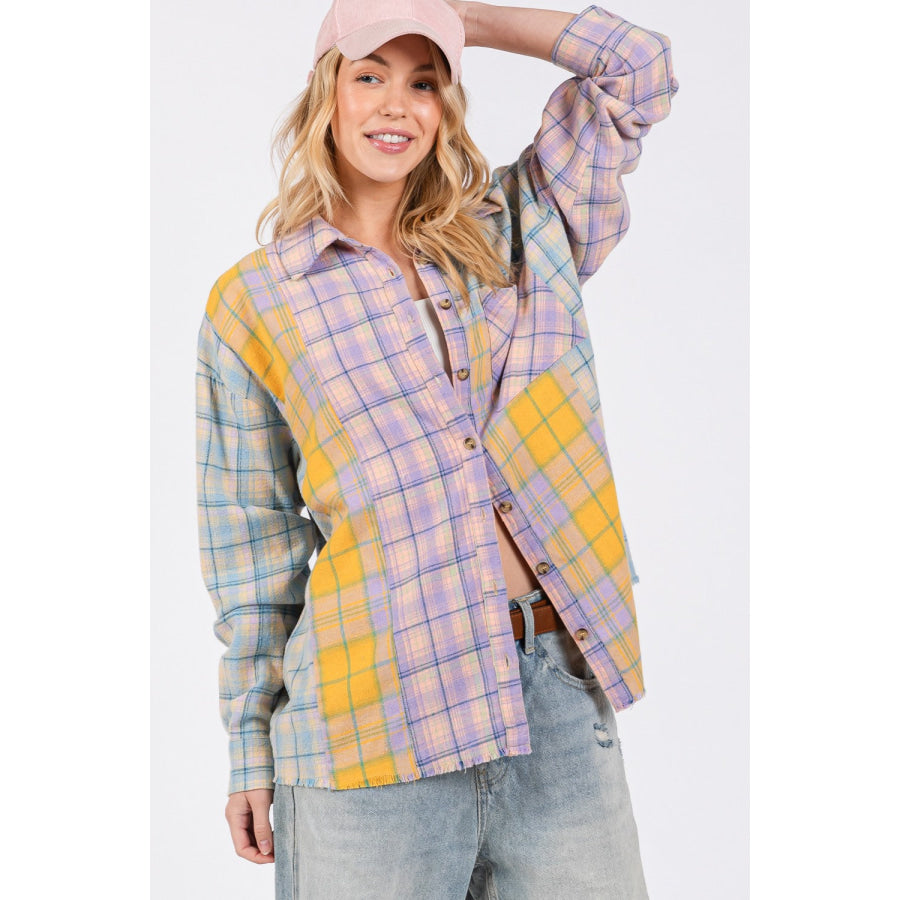 SAGE + FIG Button Up Raw Hem Plaid Flannel Shirt Apparel and Accessories