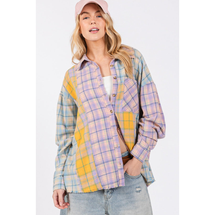 SAGE + FIG Button Up Raw Hem Plaid Flannel Shirt Lavender / S Apparel and Accessories