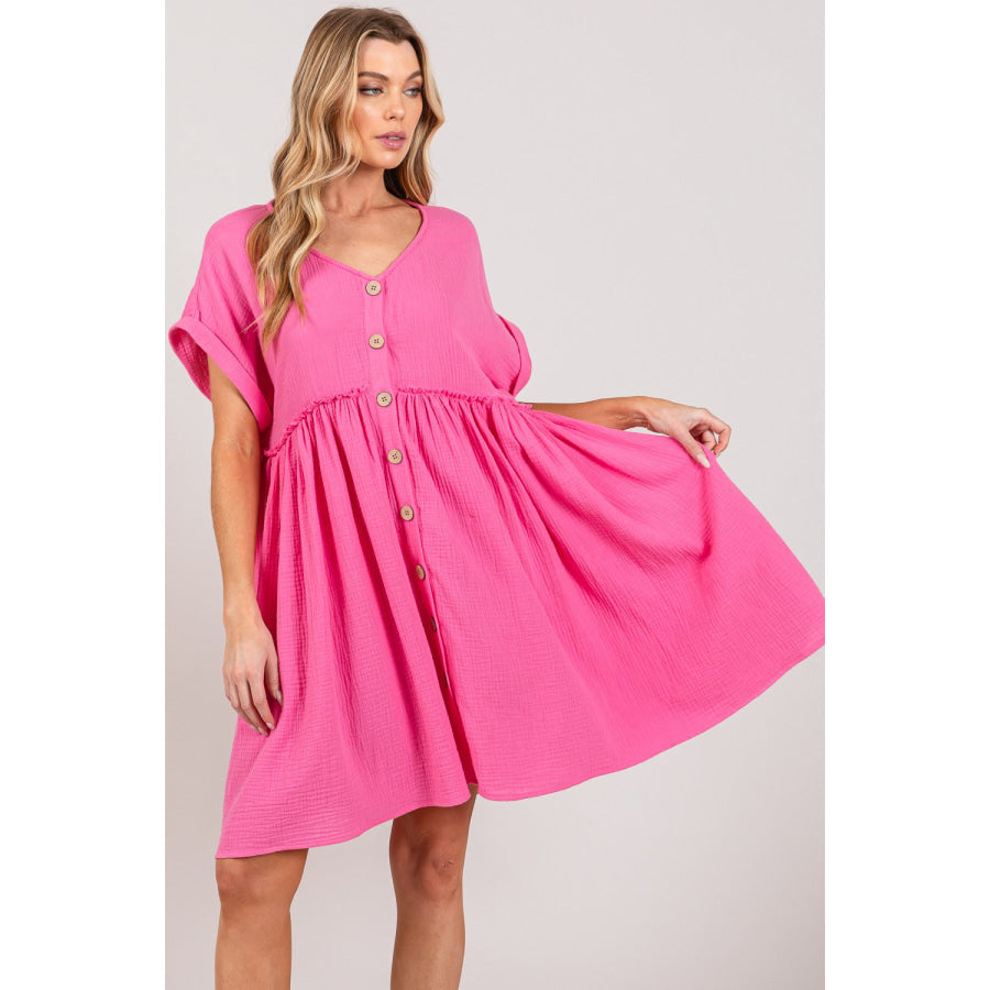 SAGE + FIG Button Up Short Sleeve Dress Pink / S Apparel and Accessories
