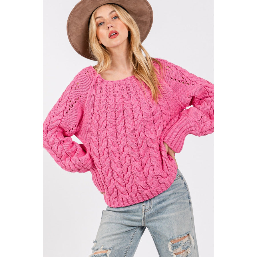 SAGE + FIG Cable-Knit Long Sleeve Sweater Deep Pink / S Apparel and Accessories