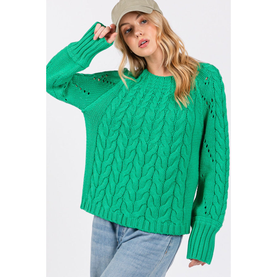 SAGE + FIG Cable-Knit Long Sleeve Sweater Emerald / S Apparel and Accessories