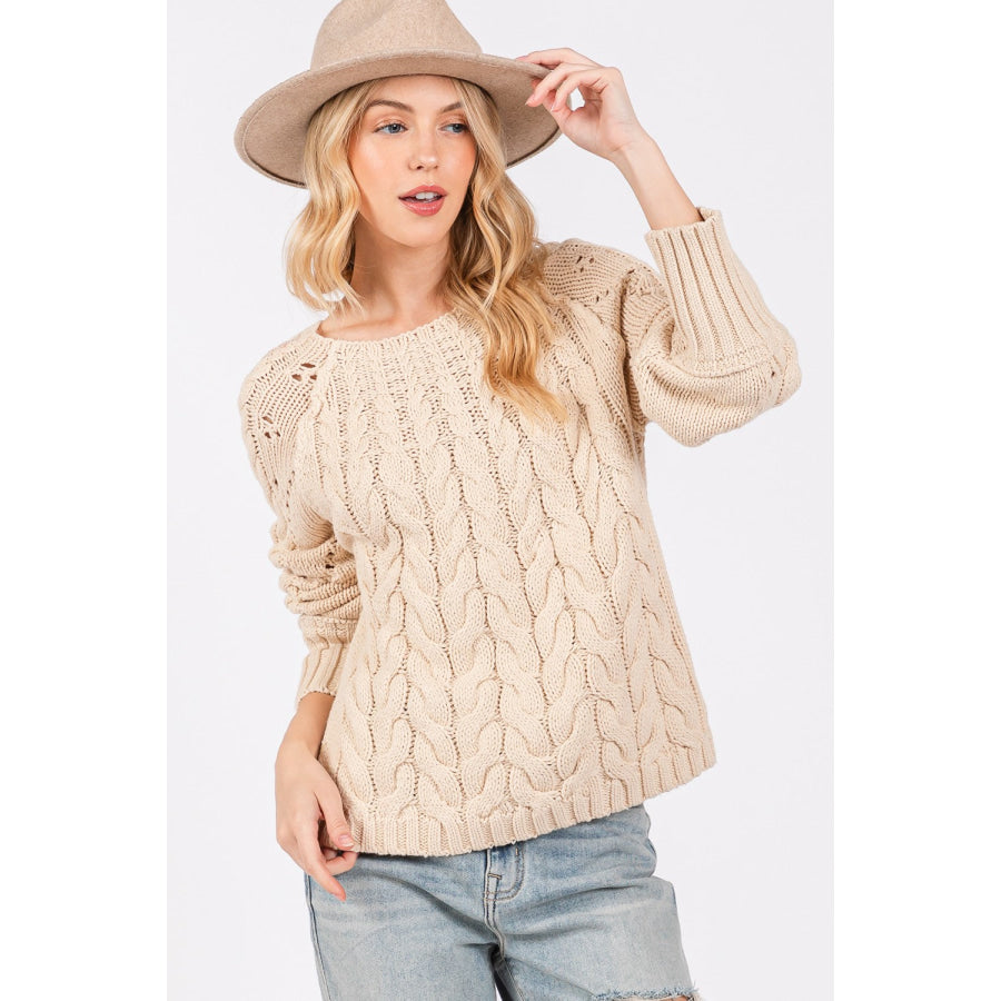 SAGE + FIG Cable-Knit Long Sleeve Sweater Natural / S Apparel and Accessories