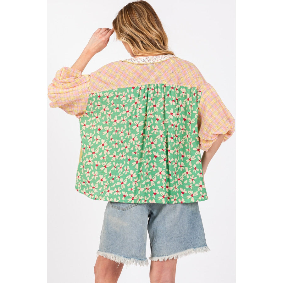 SAGE + FIG Color Block Bubble Sleeve Top Sage / S Apparel and Accessories