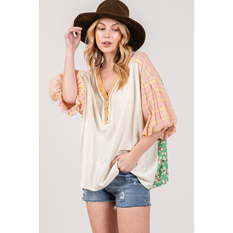 SAGE + FIG Color Block Bubble Sleeve Top Apparel and Accessories