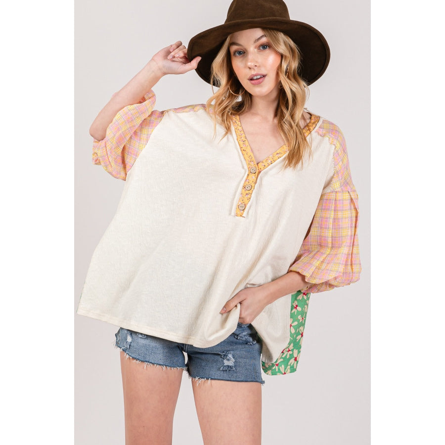 SAGE + FIG Color Block Bubble Sleeve Top Ivory / S Apparel and Accessories