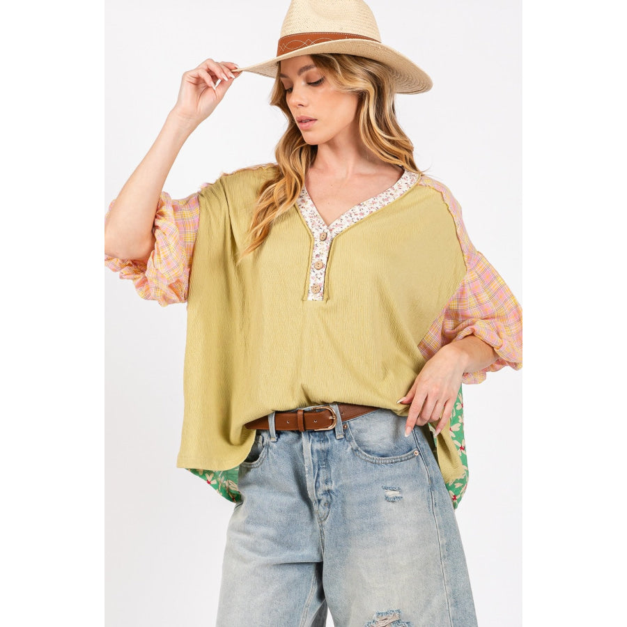 SAGE + FIG Color Block Bubble Sleeve Top Sage / S Apparel and Accessories