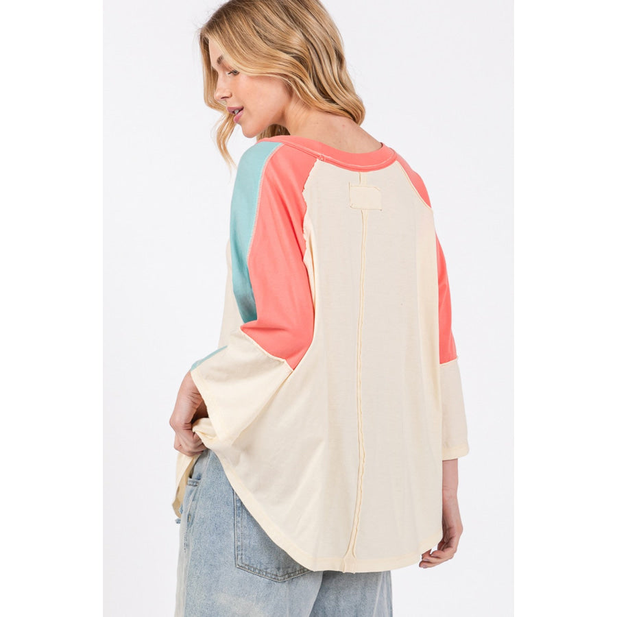 SAGE + FIG Color Block Curved Hem T-Shirt Magnolia / S Apparel and Accessories