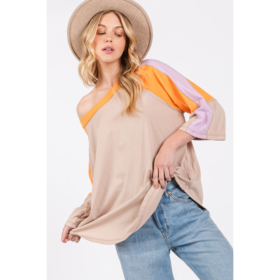 SAGE + FIG Color Block Curved Hem T-Shirt Latte / S Apparel and Accessories
