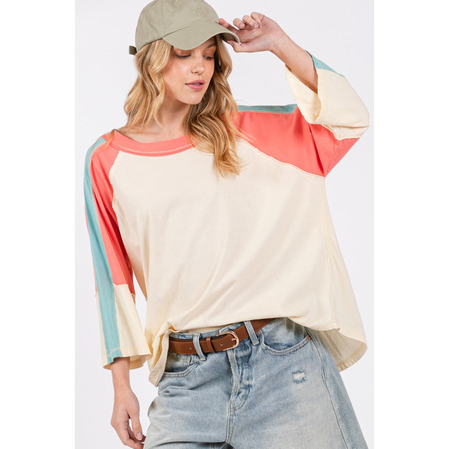 SAGE + FIG Color Block Curved Hem T-Shirt Magnolia / S Apparel and Accessories